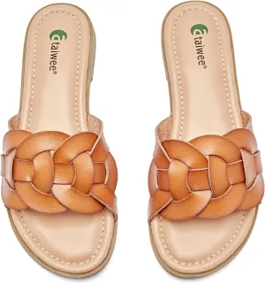 Ataiwee Women's Flat Slide Sandals - Ladies Casual Slip On Criss Cross Strap Summer Shoes.