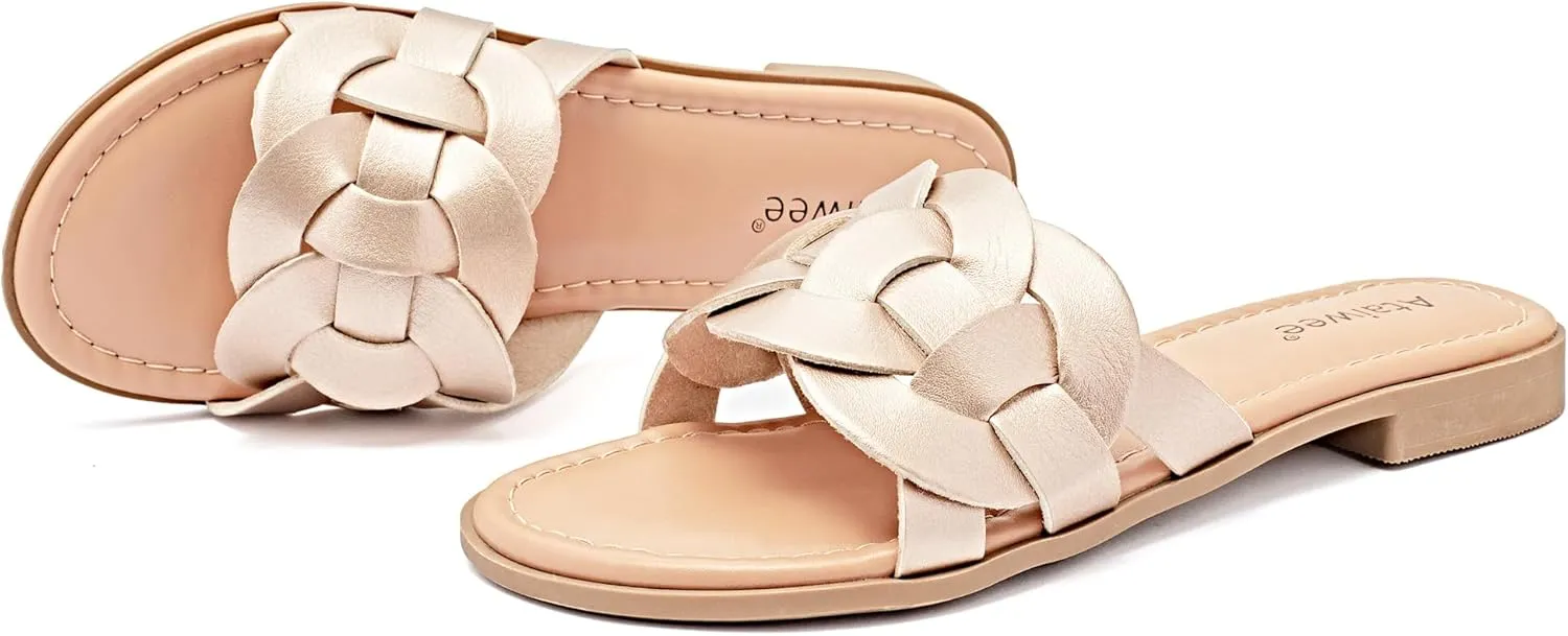 Ataiwee Women's Flat Slide Sandals - Ladies Casual Slip On Criss Cross Strap Summer Shoes.