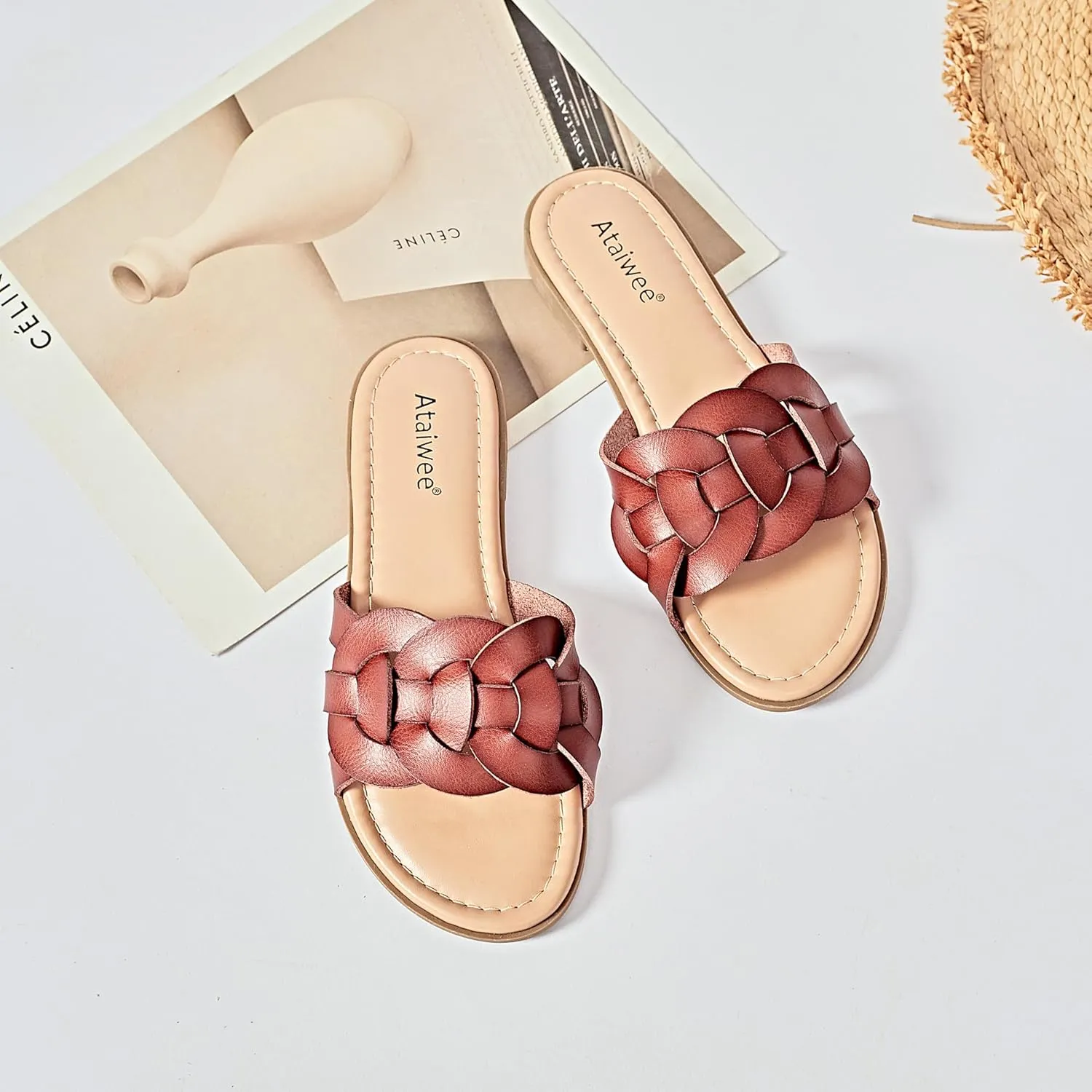 Ataiwee Women's Flat Slide Sandals - Ladies Casual Slip On Criss Cross Strap Summer Shoes.