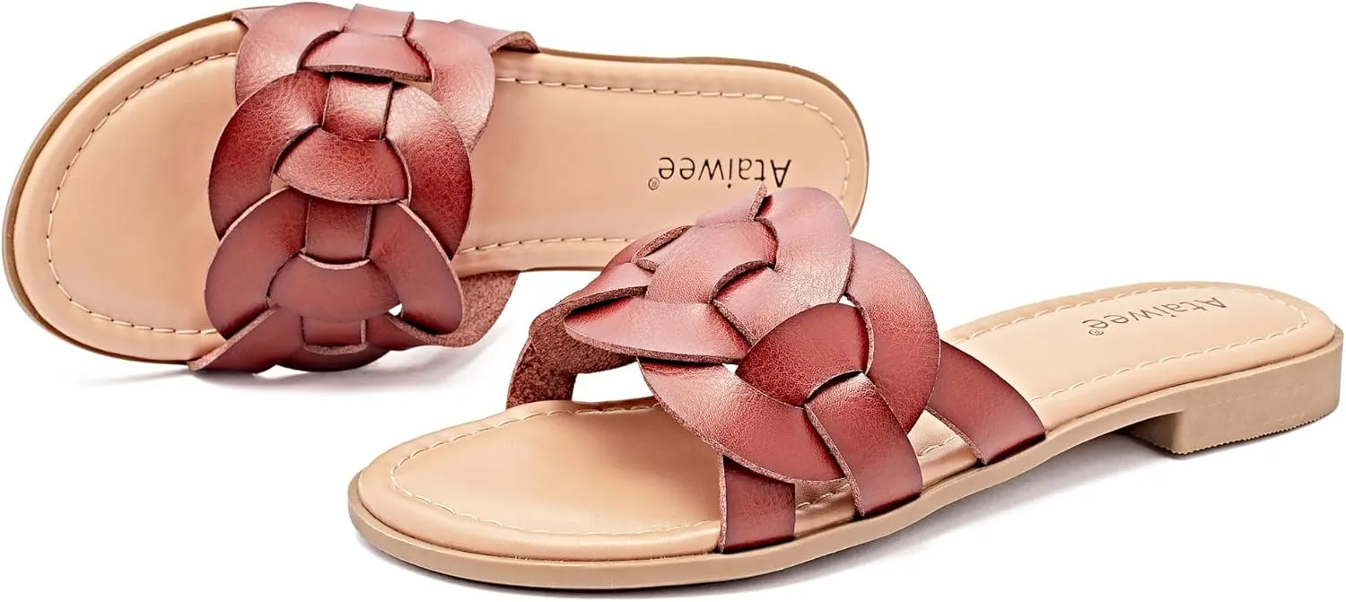Ataiwee Women's Flat Slide Sandals - Ladies Casual Slip On Criss Cross Strap Summer Shoes.