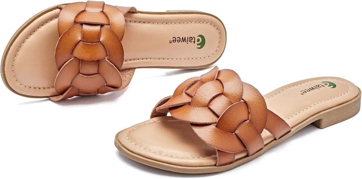 Ataiwee Women's Flat Slide Sandals - Ladies Casual Slip On Criss Cross Strap Summer Shoes.