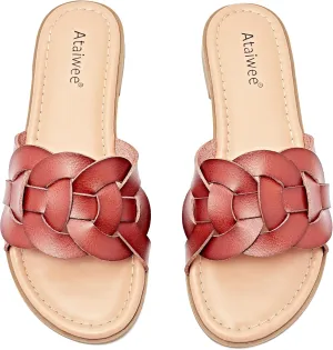 Ataiwee Women's Flat Slide Sandals - Ladies Casual Slip On Criss Cross Strap Summer Shoes.