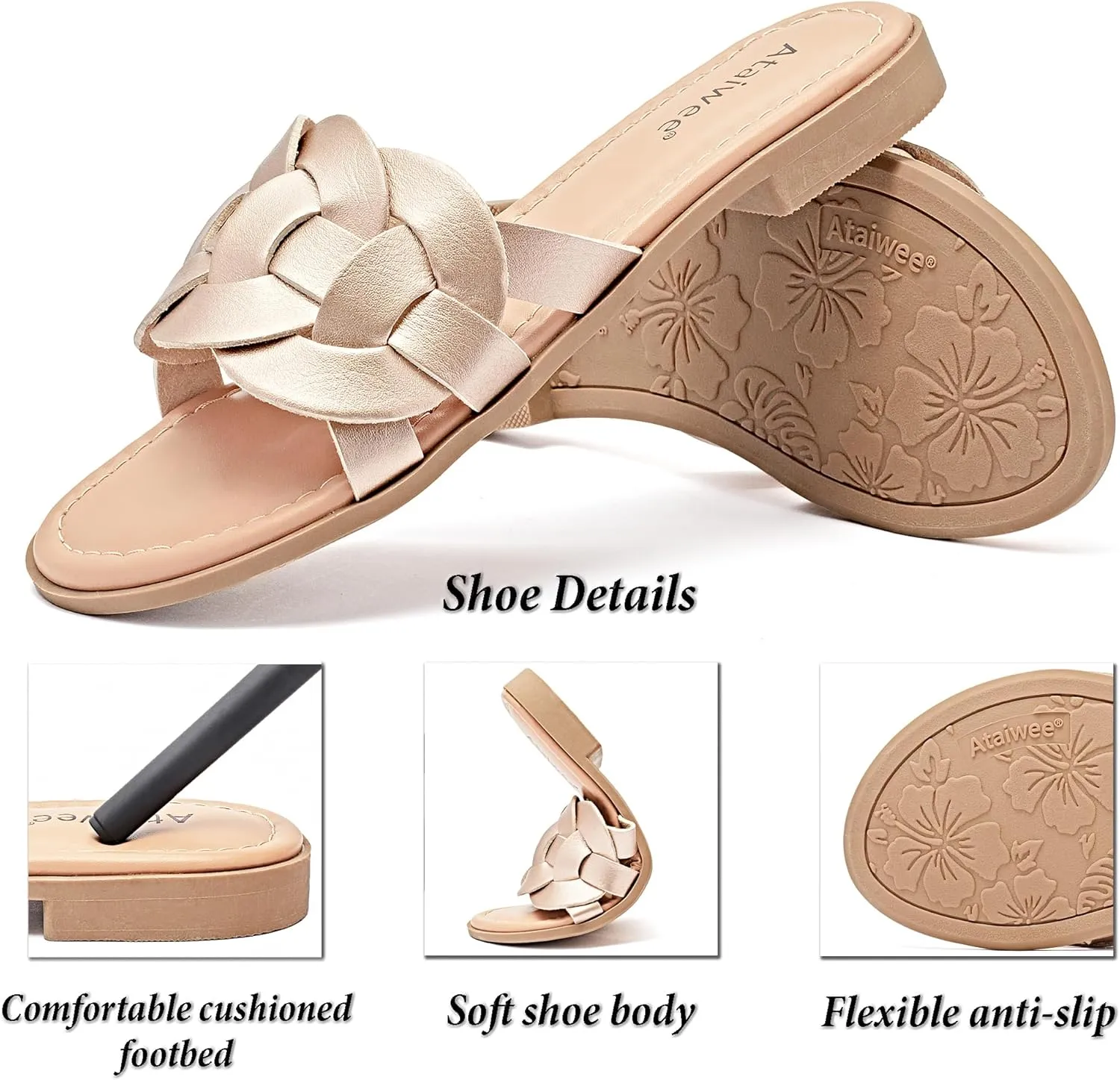 Ataiwee Women's Flat Slide Sandals - Ladies Casual Slip On Criss Cross Strap Summer Shoes.