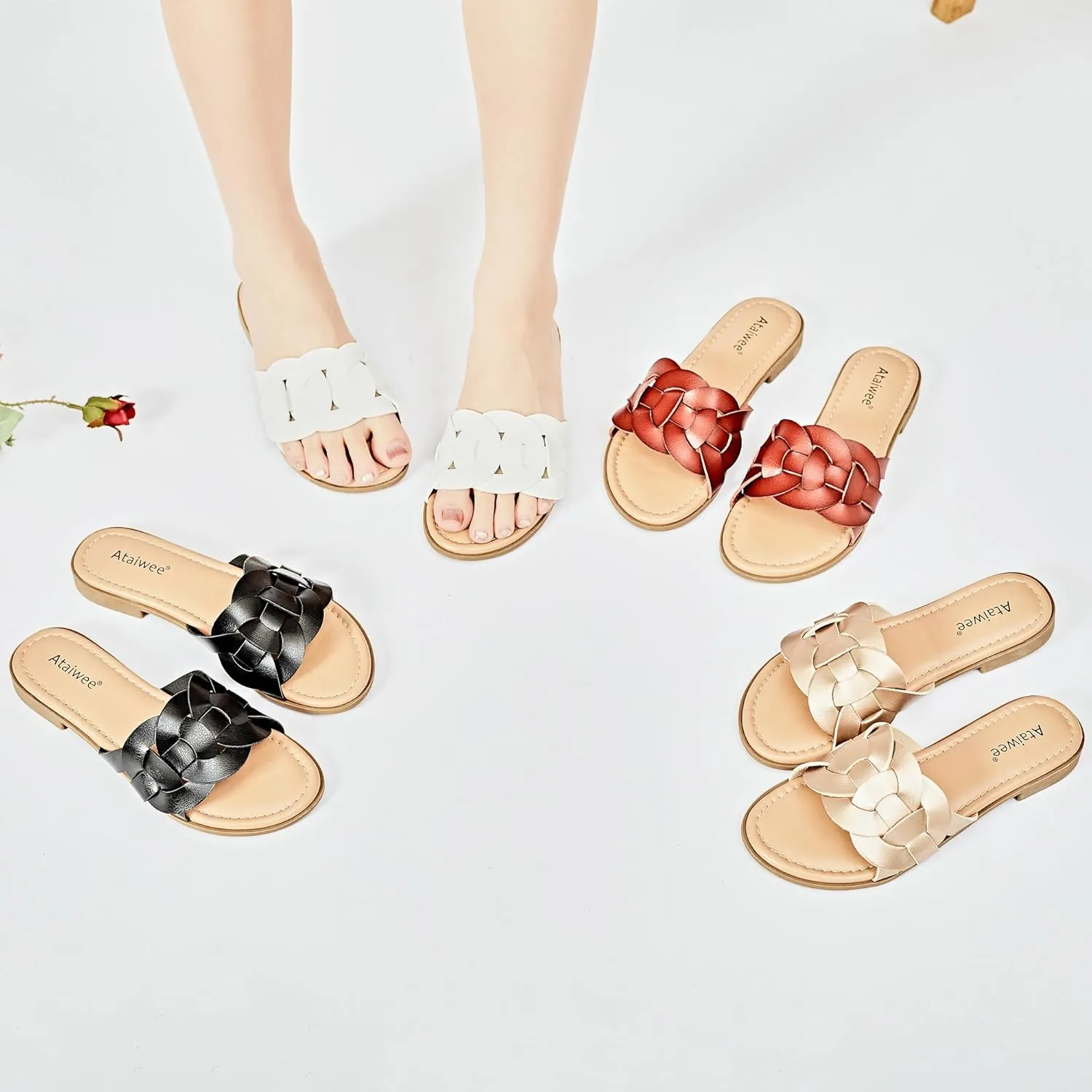 Ataiwee Women's Flat Slide Sandals - Ladies Casual Slip On Criss Cross Strap Summer Shoes.