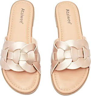 Ataiwee Women's Flat Slide Sandals - Ladies Casual Slip On Criss Cross Strap Summer Shoes.