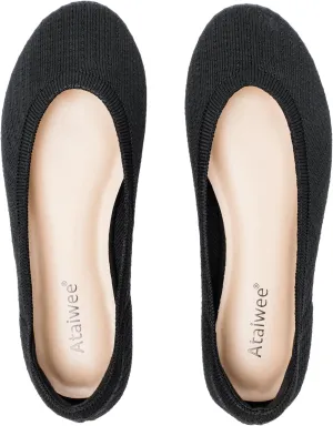 Ataiwee Women's Wide Width Flat Shoes - Dressy Knitted Soft Breathable Cute Slip-On Ballet Flats.(1910012-7,BK/02,8.5 Wide)