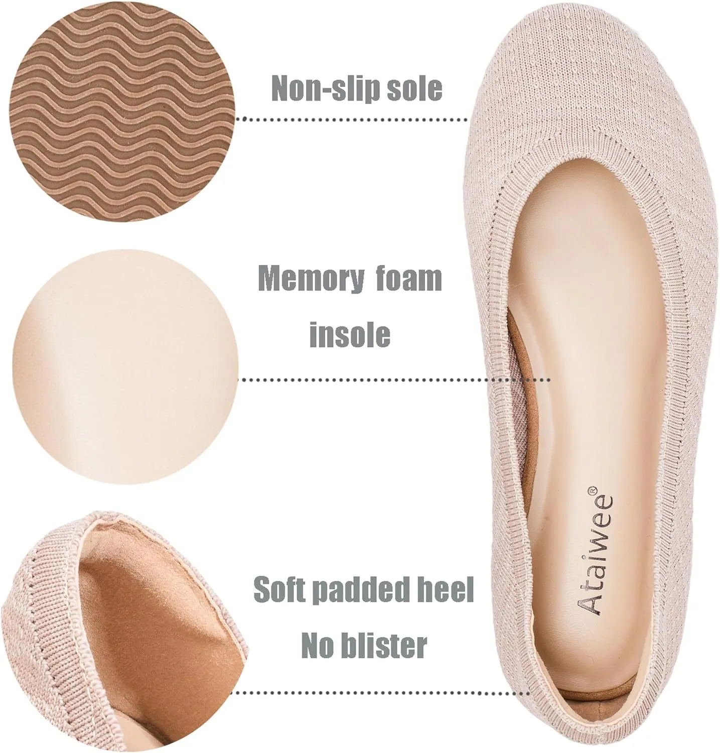 Ataiwee Women's Wide Width Flat Shoes - Fashion Dressy Knitted Soft Breathable Comfort Slip-On Ballet Flats.