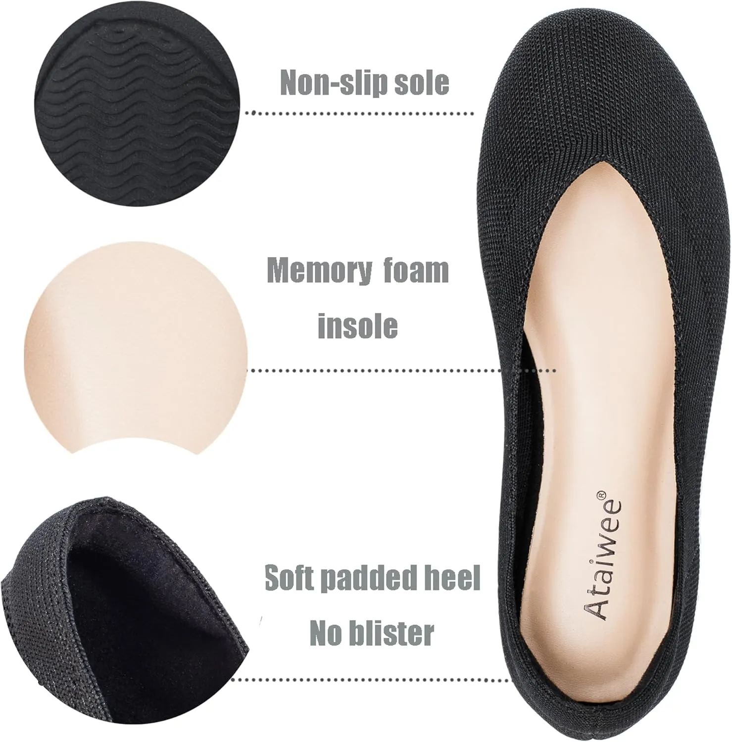 Ataiwee Women's Wide Width Flat Shoes - Fashion Dressy Knitted Soft Breathable Comfort Slip-On Ballet Flats.