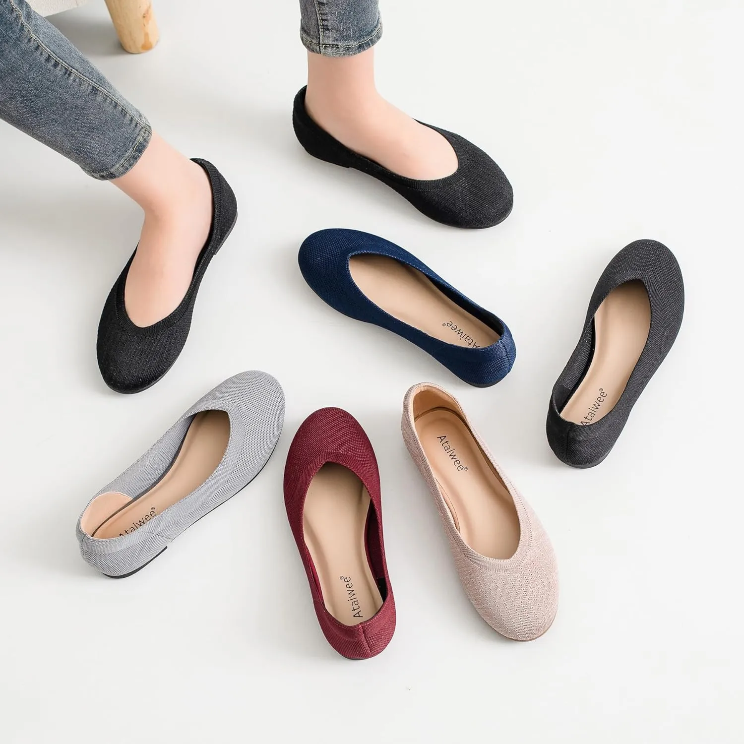 Ataiwee Women's Wide Width Flat Shoes - Fashion Dressy Knitted Soft Breathable Comfort Slip-On Ballet Flats.