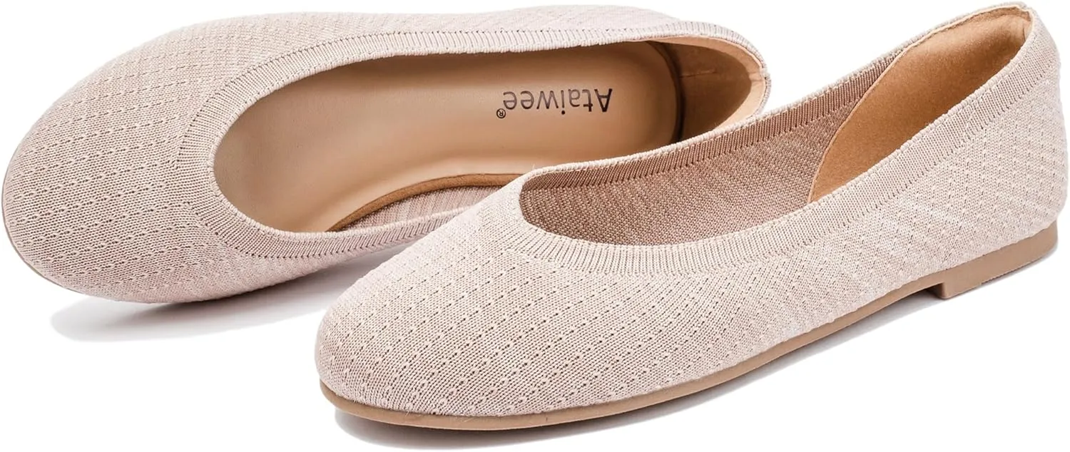 Ataiwee Women's Wide Width Flat Shoes - Fashion Dressy Knitted Soft Breathable Comfort Slip-On Ballet Flats.