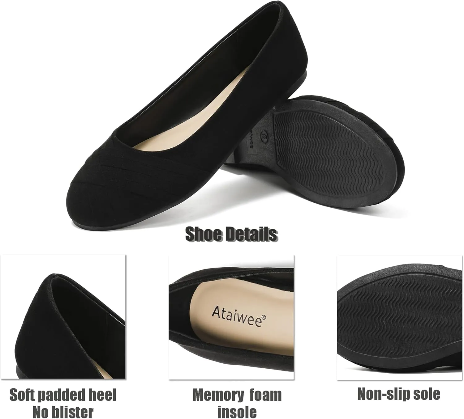 Ataiwee Women's Wide Width Flats Shoes - Casual Comfortable Round Toe Plus Size Ballet Shoes.