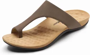 Athlefit Orthopedic Sandals for Women Orthotic Arch Support Flip Flops Comfortable Walking Brown Leather Flat Sandals Size 9.5