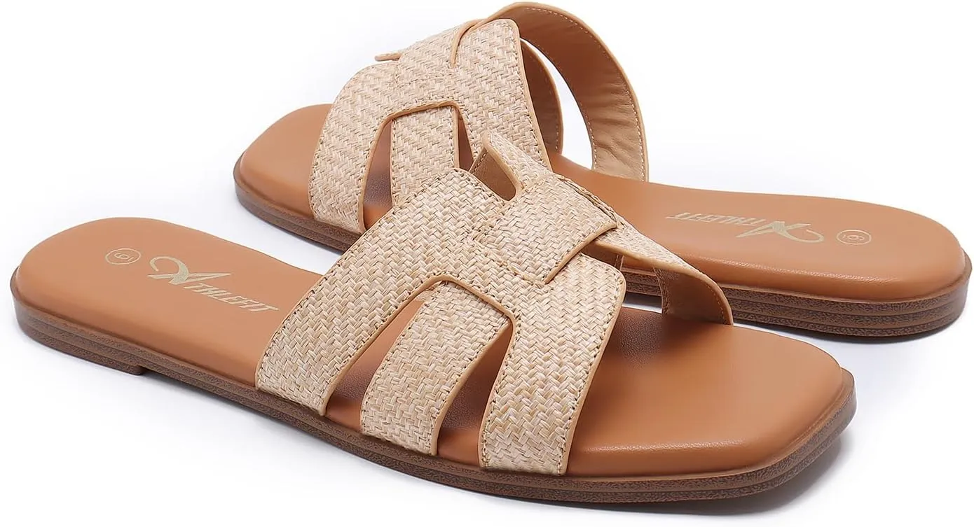 Athlefit Women's Flat Sandals Dressy Summer Square Open Toe Slip On Leather Slide Sandals