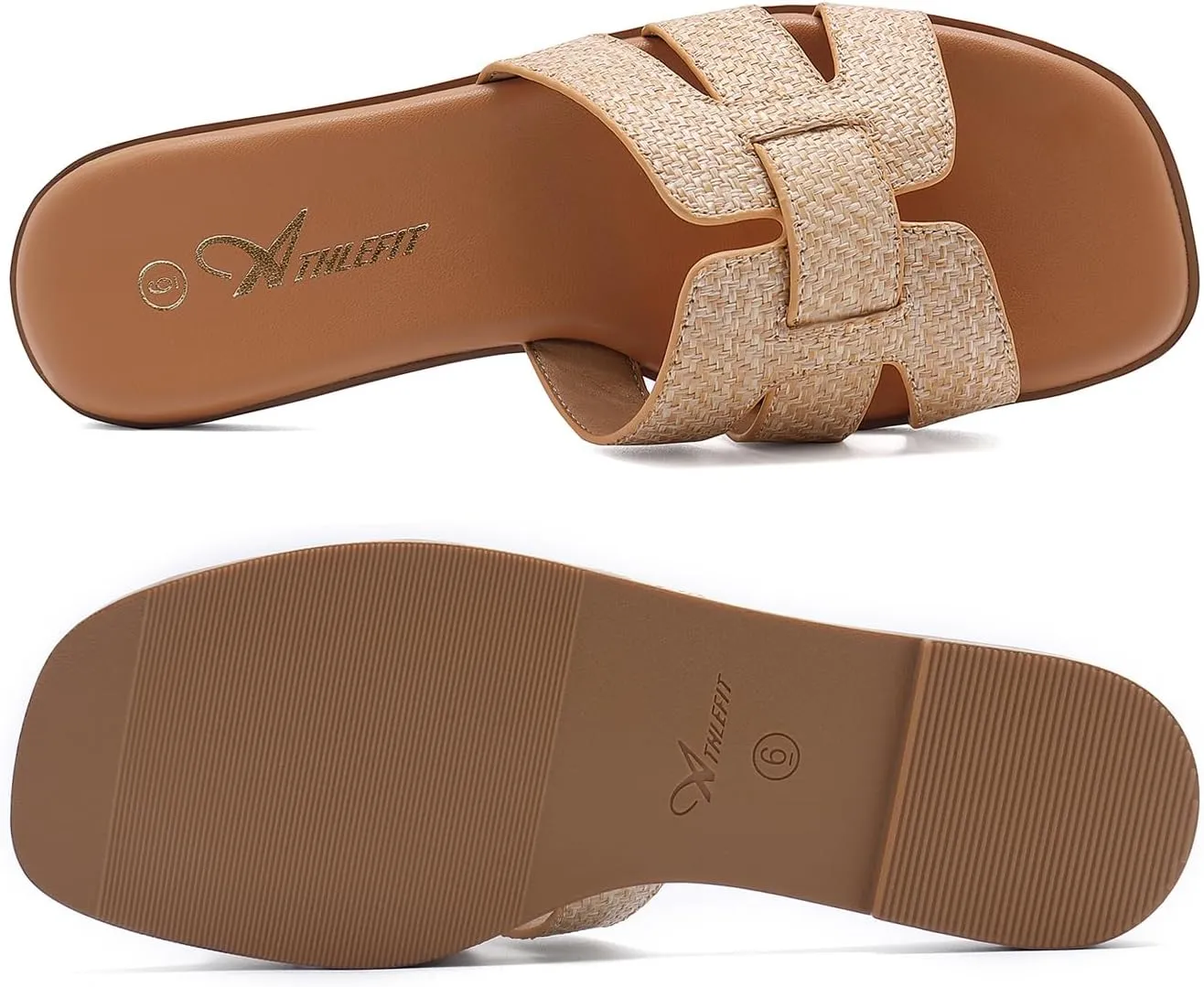 Athlefit Women's Flat Sandals Dressy Summer Square Open Toe Slip On Leather Slide Sandals