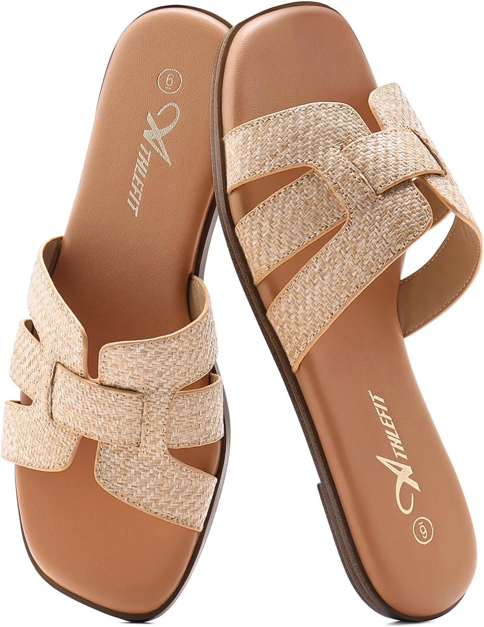 Athlefit Women's Flat Sandals Dressy Summer Square Open Toe Slip On Leather Slide Sandals