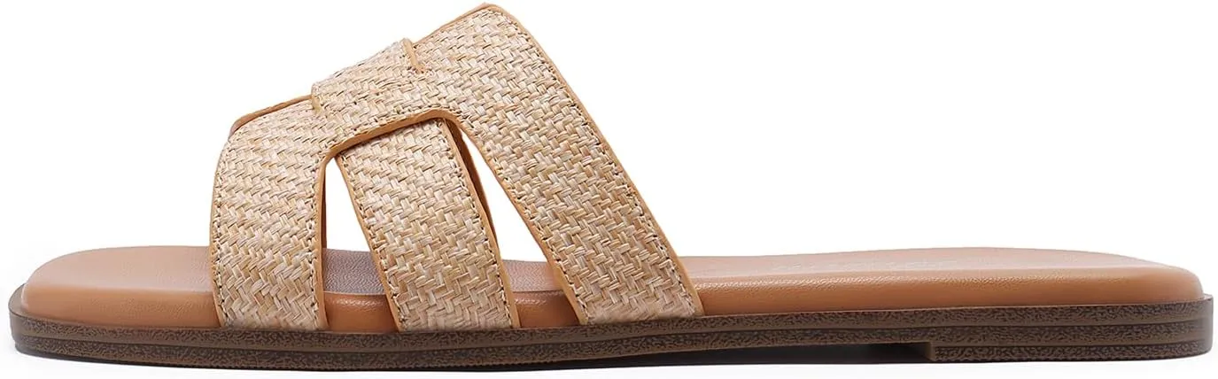 Athlefit Women's Flat Sandals Dressy Summer Square Open Toe Slip On Leather Slide Sandals