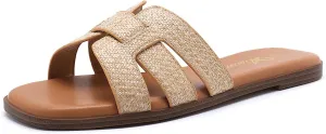 Athlefit Women's Flat Sandals Dressy Summer Square Open Toe Slip On Leather Slide Sandals