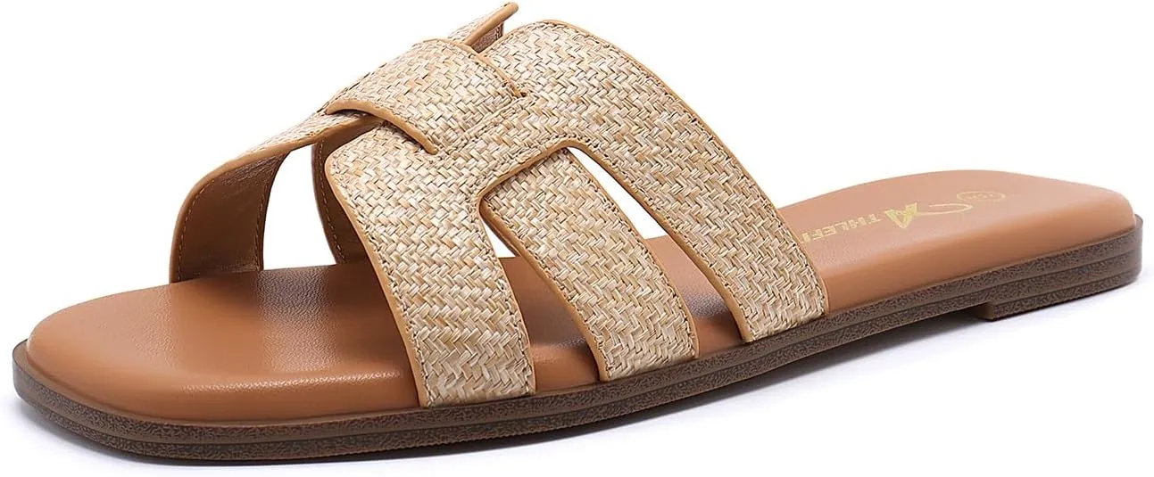 Athlefit Women's Flat Sandals Dressy Summer Square Open Toe Slip On Leather Slide Sandals