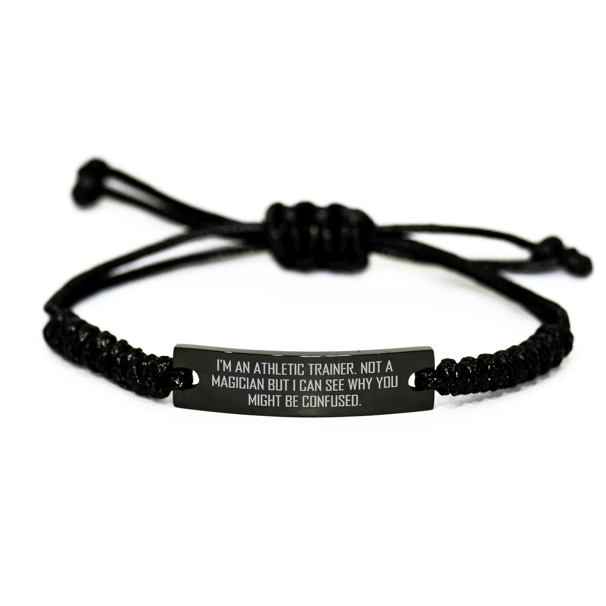 Athletic Trainer Rope Bracelet Gifts from Men for Father's Day, Funny Quote, Adjustable Black Stainless Steel with Interlaced Rope, 'I'm Not a Magician'
