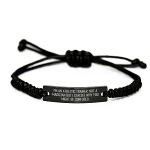 Athletic Trainer Rope Bracelet Gifts from Men for Father's Day, Funny Quote, Adjustable Black Stainless Steel with Interlaced Rope, 'I'm Not a Magician'