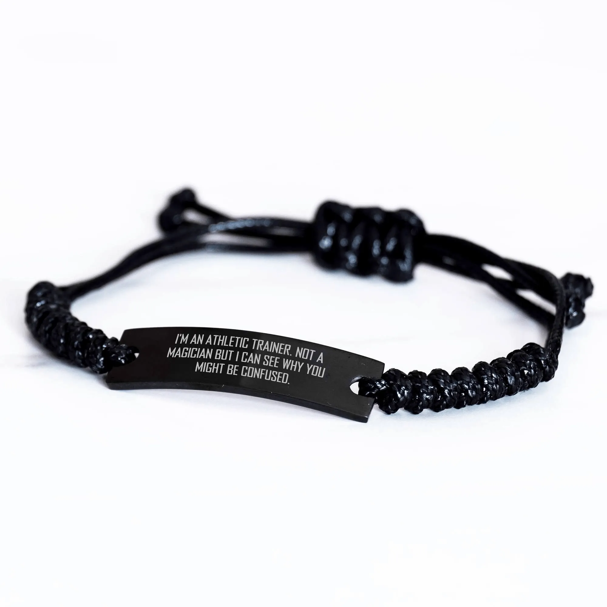 Athletic Trainer Rope Bracelet Gifts from Men for Father's Day, Funny Quote, Adjustable Black Stainless Steel with Interlaced Rope, 'I'm Not a Magician'