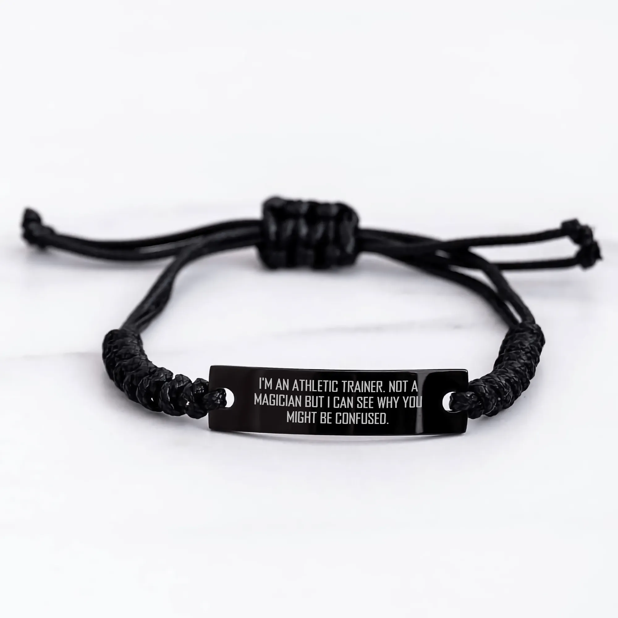 Athletic Trainer Rope Bracelet Gifts from Men for Father's Day, Funny Quote, Adjustable Black Stainless Steel with Interlaced Rope, 'I'm Not a Magician'