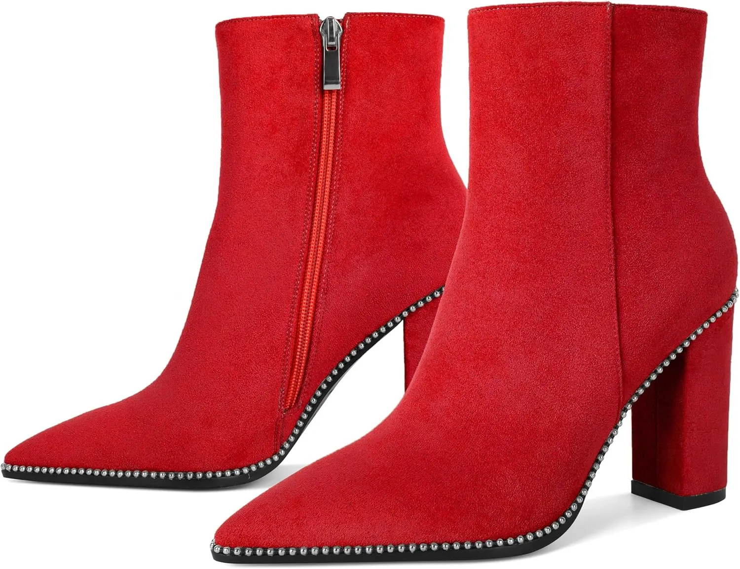 AUMOTED Womens Chunky Ankle Boots Pointed Toe Beaded Side Zipper Block High Heel 3.7 Inches Short Booties