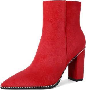 AUMOTED Womens Chunky Ankle Boots Pointed Toe Beaded Side Zipper Block High Heel 3.7 Inches Short Booties