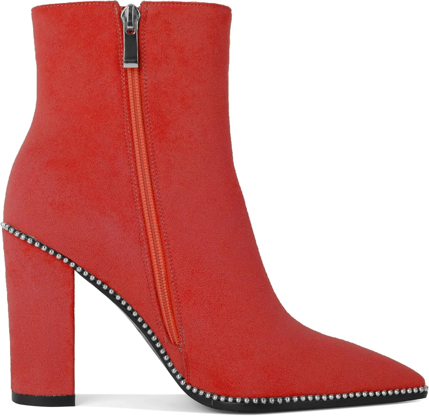 AUMOTED Womens Chunky Ankle Boots Pointed Toe Beaded Side Zipper Block High Heel 3.7 Inches Short Booties