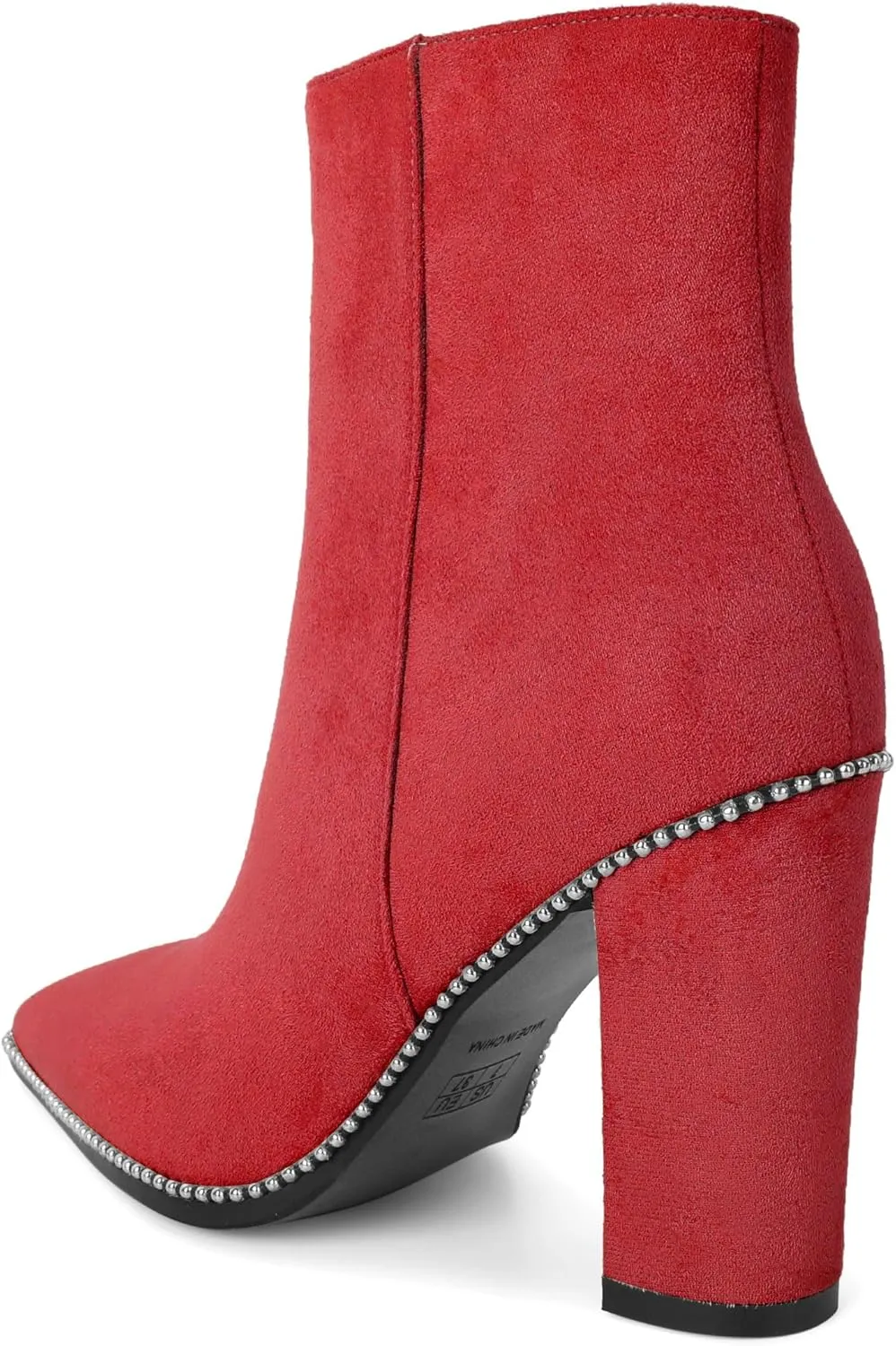 AUMOTED Womens Chunky Ankle Boots Pointed Toe Beaded Side Zipper Block High Heel 3.7 Inches Short Booties