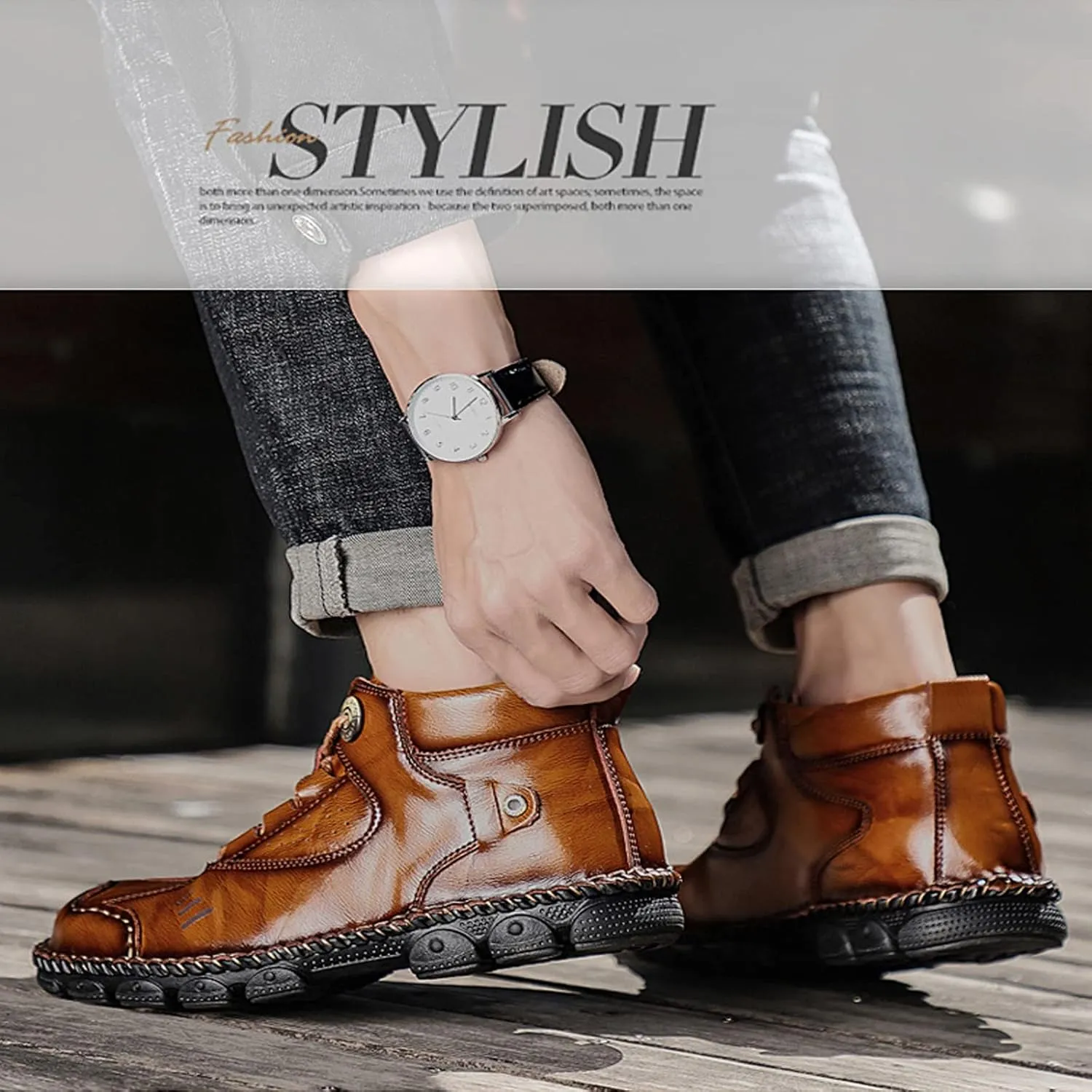 AUNTHUI Men'S Cowhide Hand-Stitched Chukka Loafers,Lace-Up Non-Slip Comfortable Soft Sole Outdoor Hiking Retro Ankle Boots