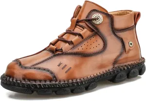 AUNTHUI Men'S Cowhide Hand-Stitched Chukka Loafers,Lace-Up Non-Slip Comfortable Soft Sole Outdoor Hiking Retro Ankle Boots