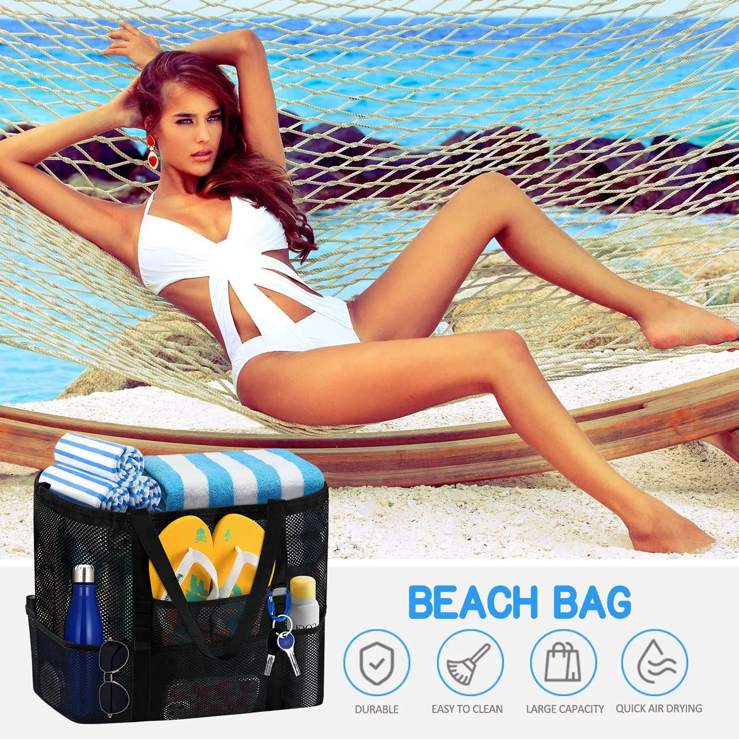 Ayieyill Mesh Beach Bag Tote Bag for Women, Foldable Swim Large Beach Tote Bag with Zipper Pockets Waterproof Sandproof