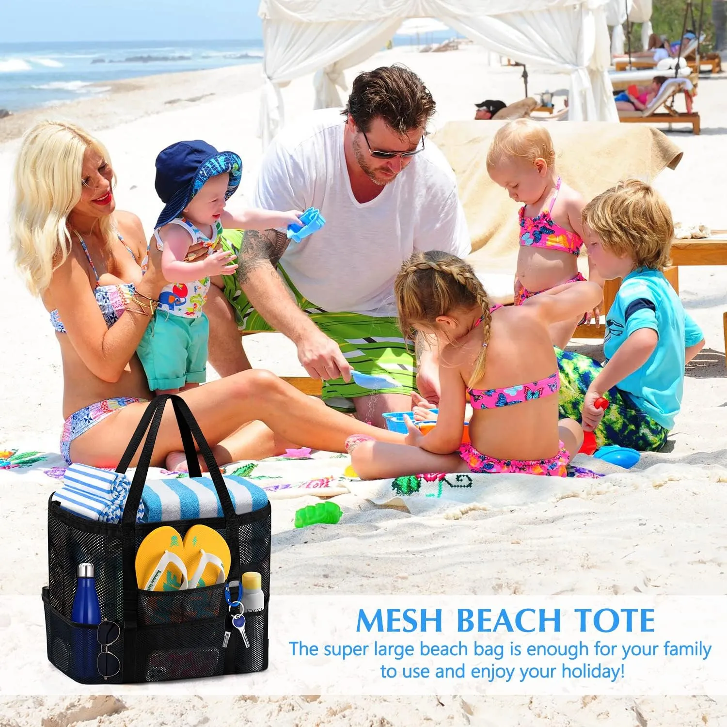 Ayieyill Mesh Beach Bag Tote Bag for Women, Foldable Swim Large Beach Tote Bag with Zipper Pockets Waterproof Sandproof