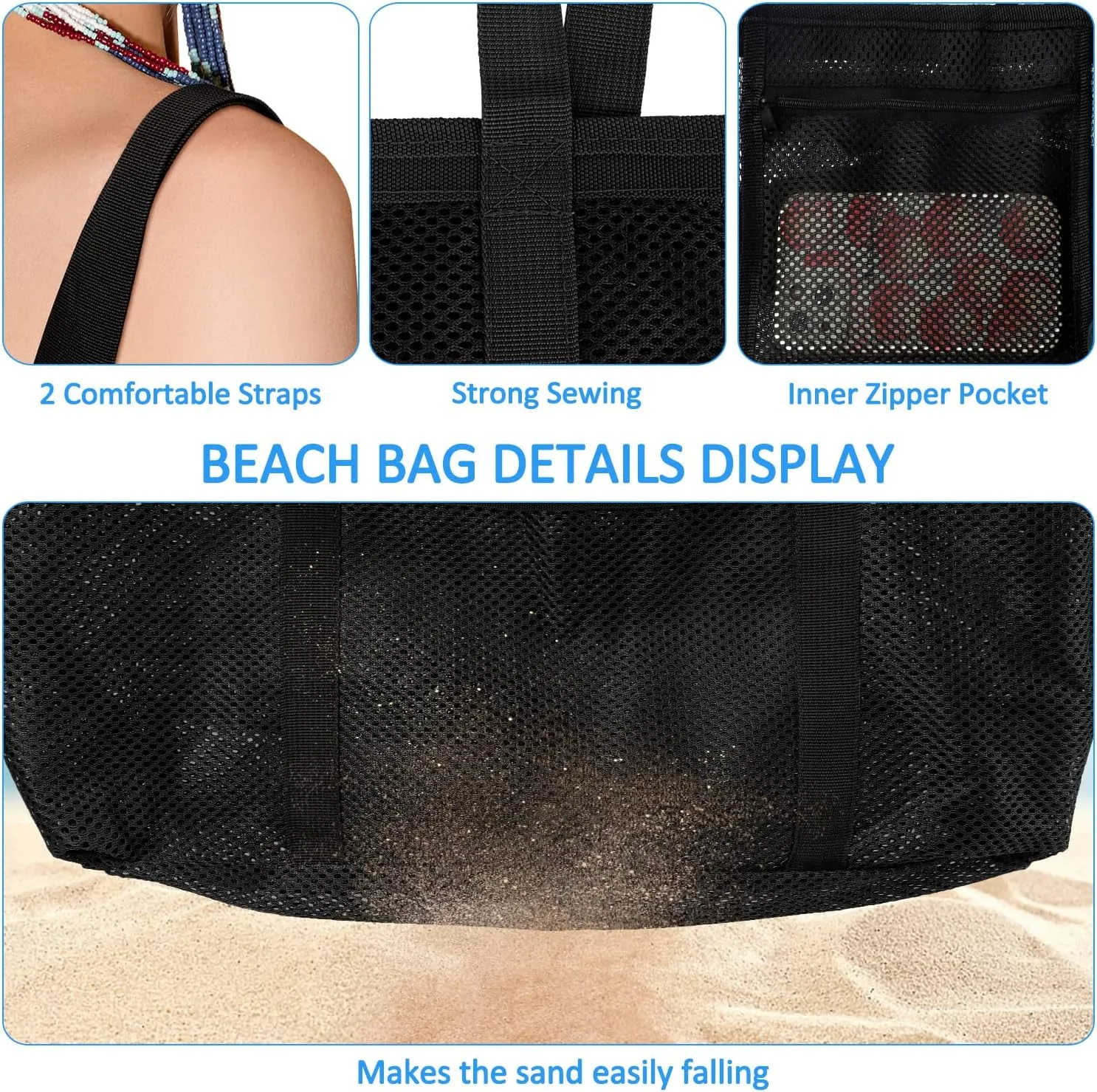 Ayieyill Mesh Beach Bag Tote Bag for Women, Foldable Swim Large Beach Tote Bag with Zipper Pockets Waterproof Sandproof