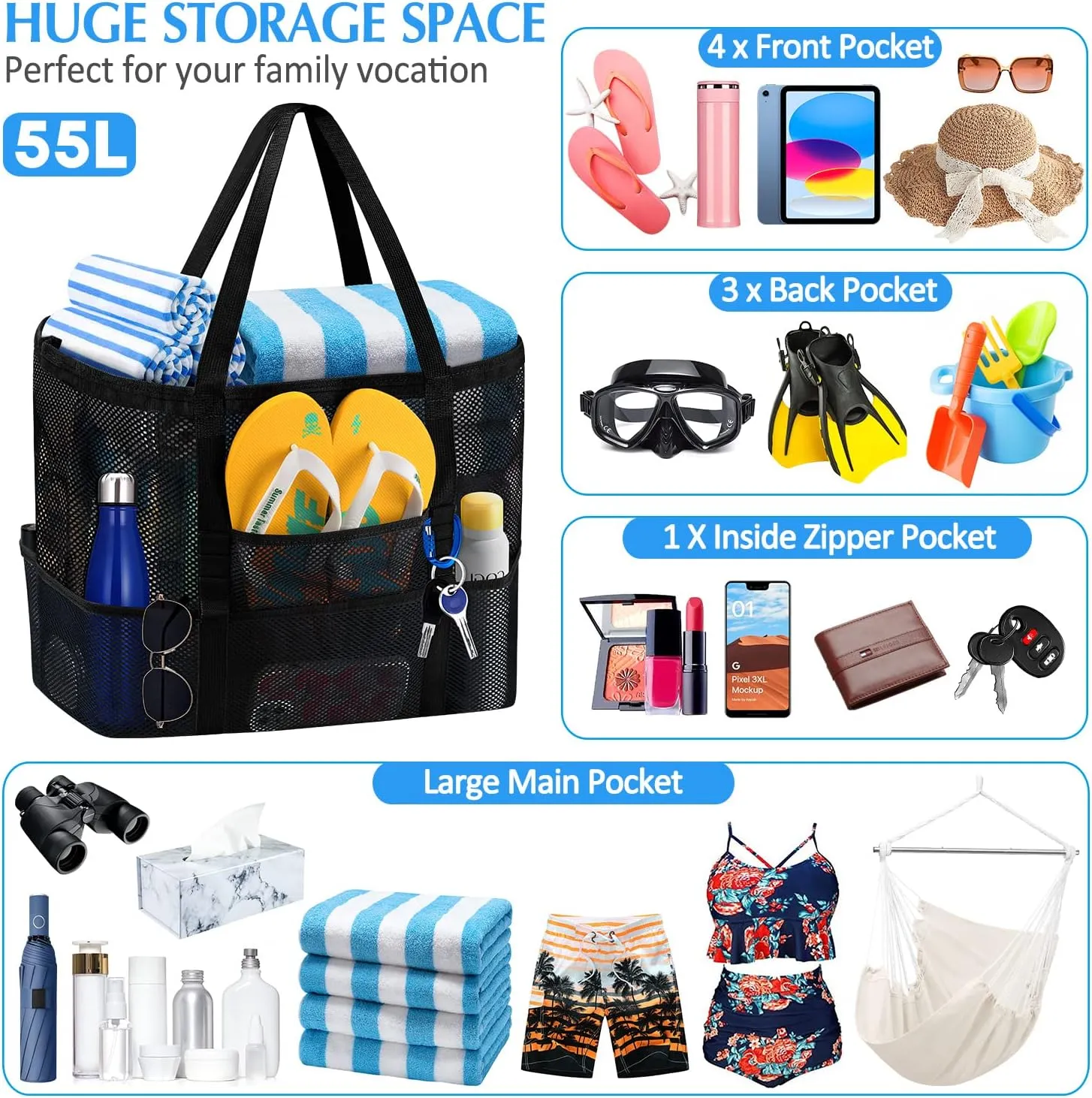 Ayieyill Mesh Beach Bag Tote Bag for Women, Foldable Swim Large Beach Tote Bag with Zipper Pockets Waterproof Sandproof
