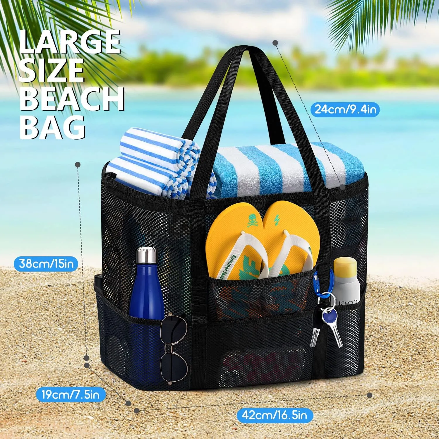 Ayieyill Mesh Beach Bag Tote Bag for Women, Foldable Swim Large Beach Tote Bag with Zipper Pockets Waterproof Sandproof