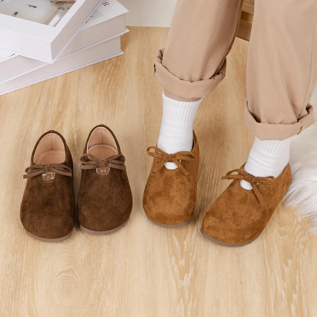 Babelvit Kids Girls Dress Shoes Suede Potato Shoes Toddler Little Kid Bow Flower Girl Wedding Party Flat Shoes