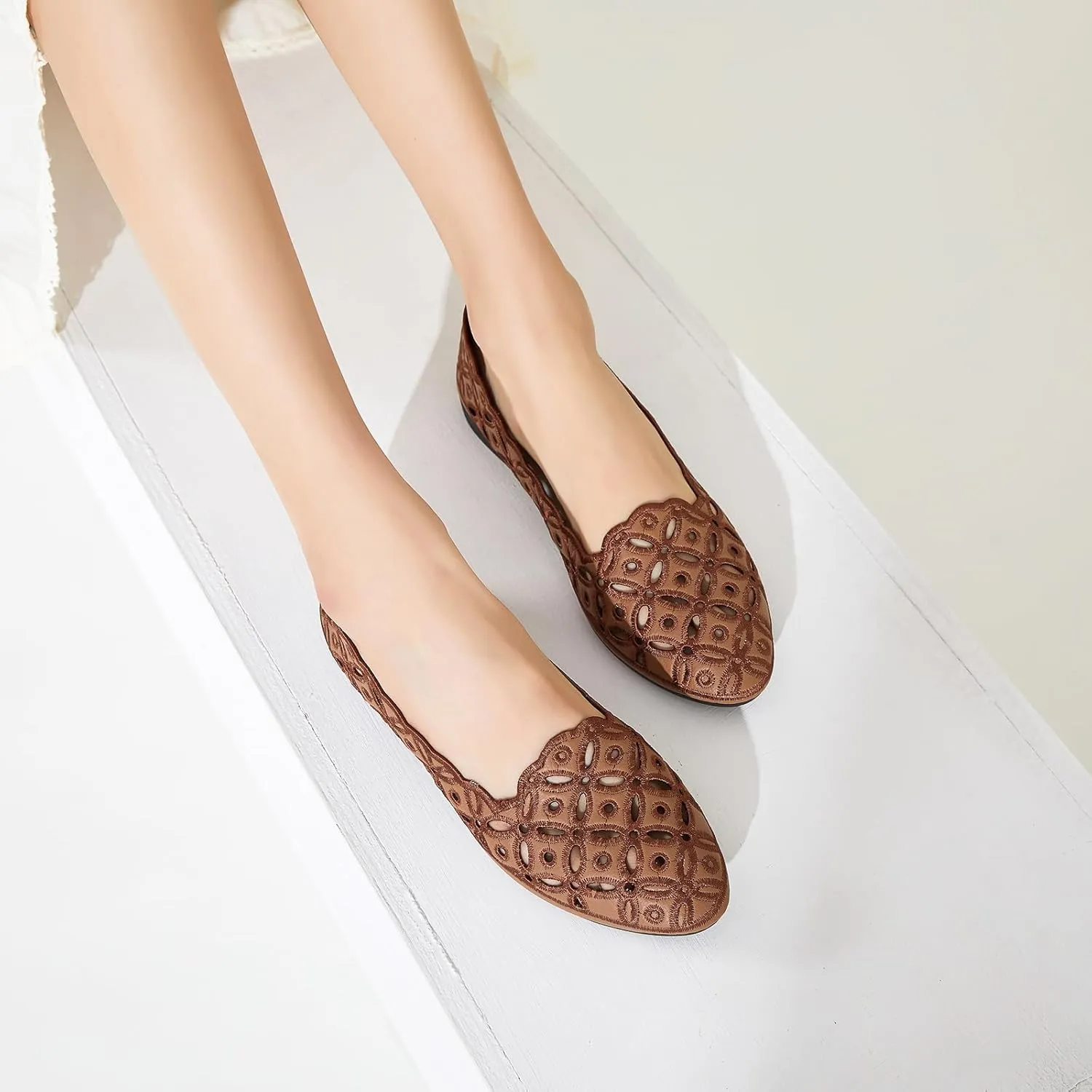BABUDOG Womens Flats,Black and White Dress Flats with Flower Eyelets,Breathable Ballet Flats