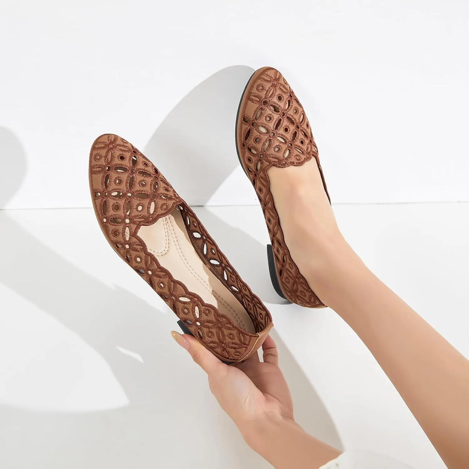 BABUDOG Womens Flats,Black and White Dress Flats with Flower Eyelets,Breathable Ballet Flats