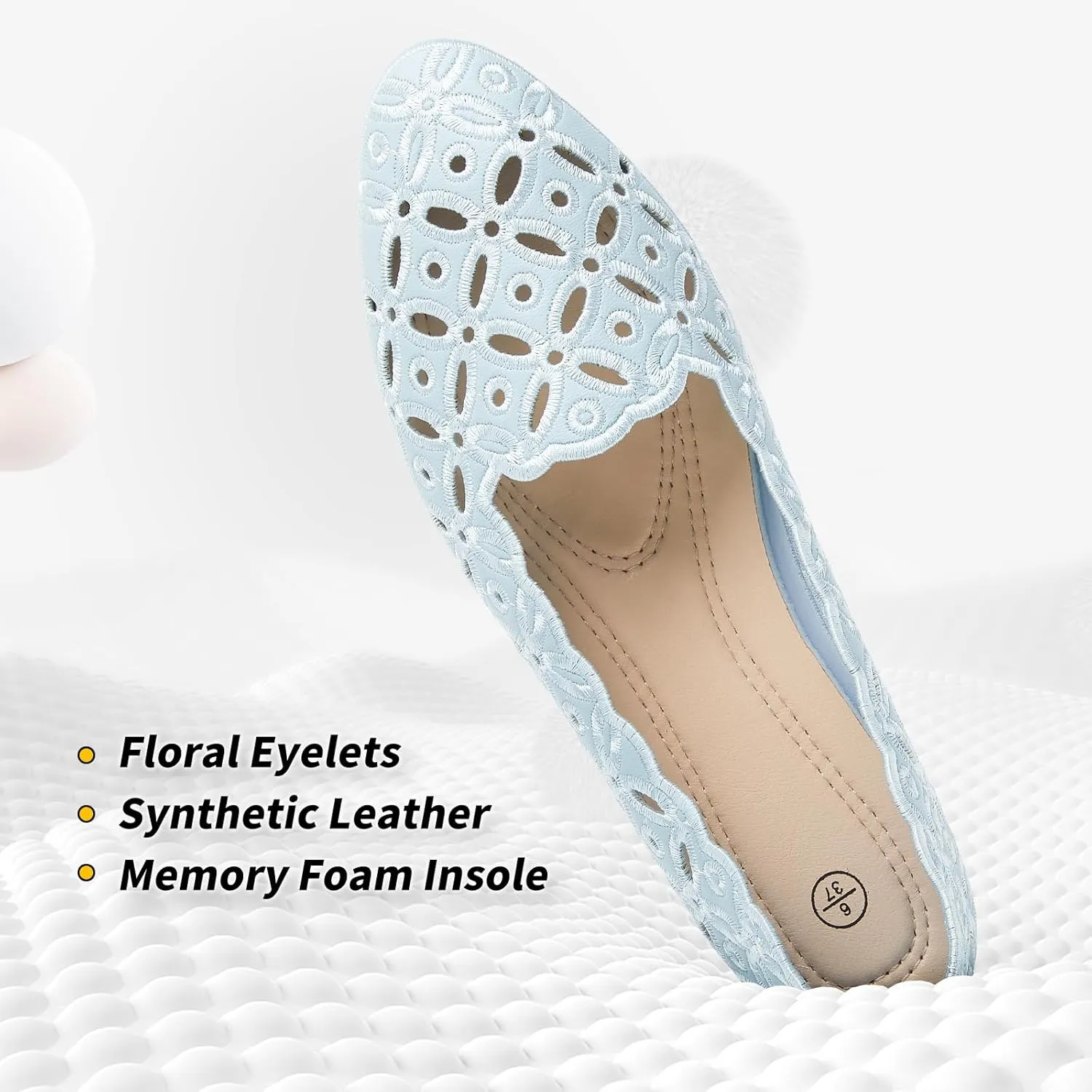 BABUDOG Womens Flats,Black and White Dress Flats with Flower Eyelets,Breathable Ballet Flats