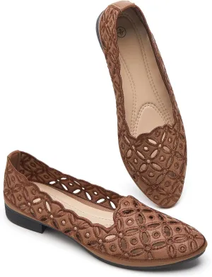 BABUDOG Womens Flats,Black and White Dress Flats with Flower Eyelets,Breathable Ballet Flats