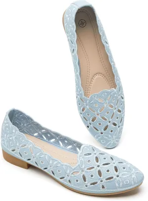 BABUDOG Womens Flats,Black and White Dress Flats with Flower Eyelets,Breathable Ballet Flats