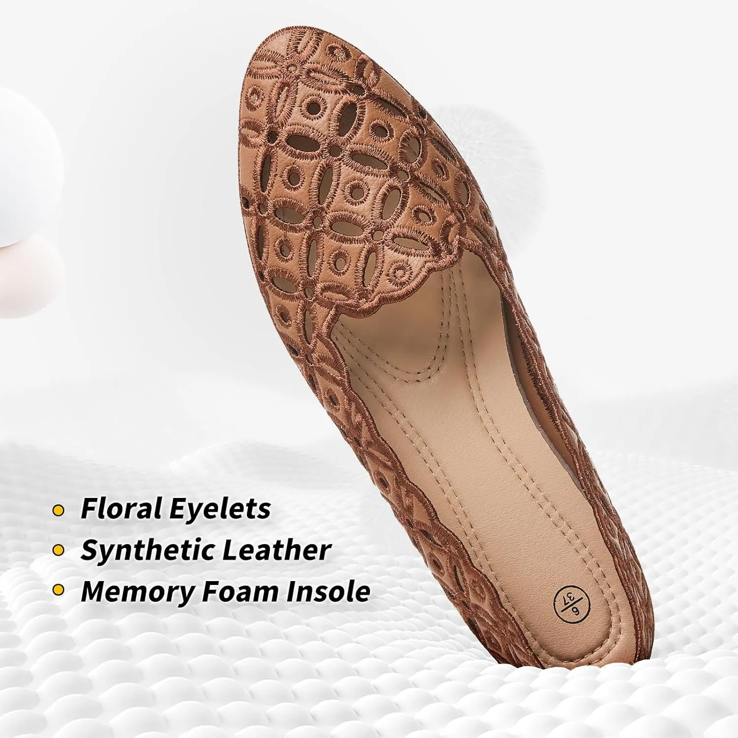 BABUDOG Womens Flats,Black and White Dress Flats with Flower Eyelets,Breathable Ballet Flats