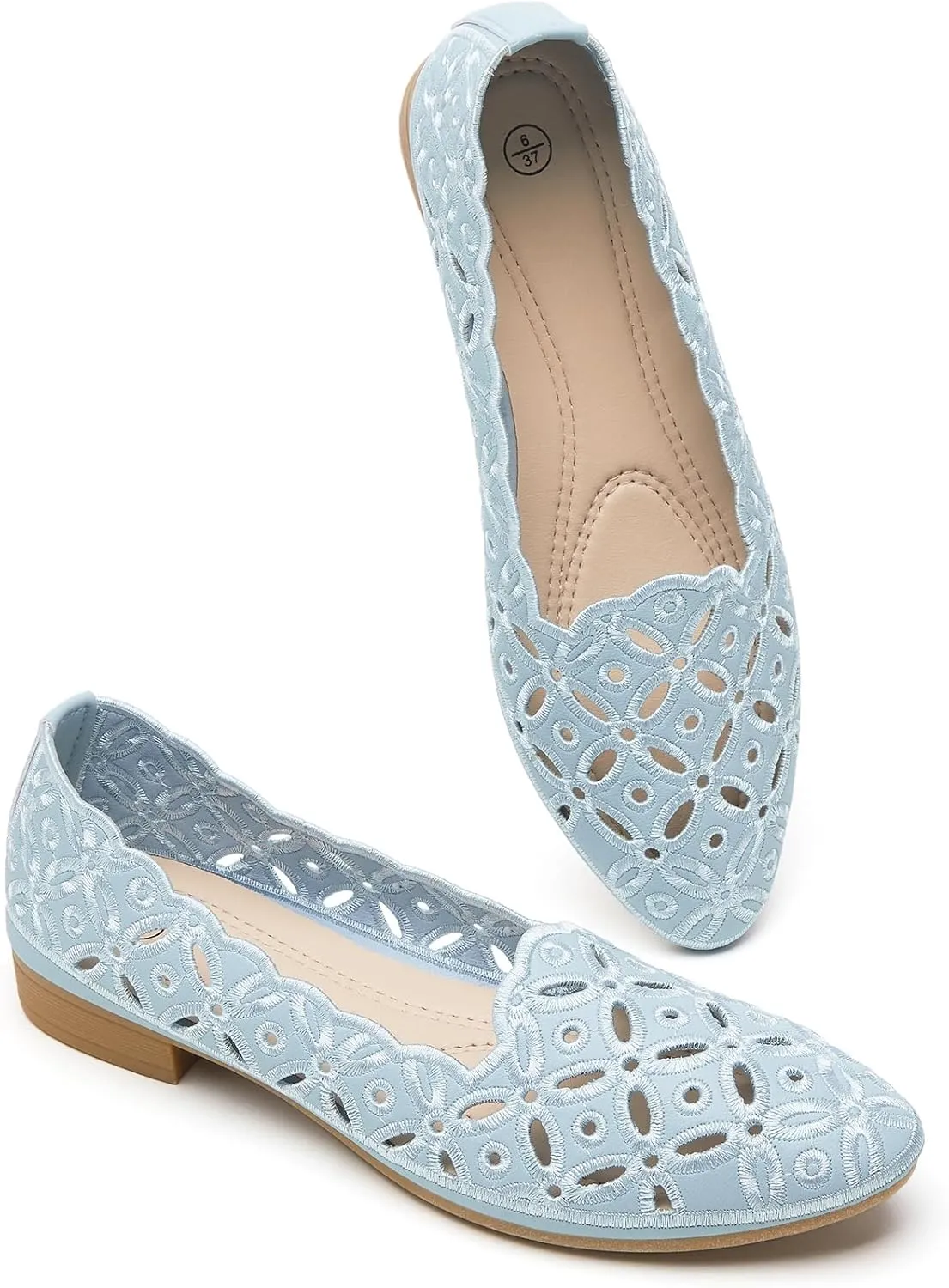 BABUDOG Womens Flats,Black and White Dress Flats with Flower Eyelets,Breathable Ballet Flats