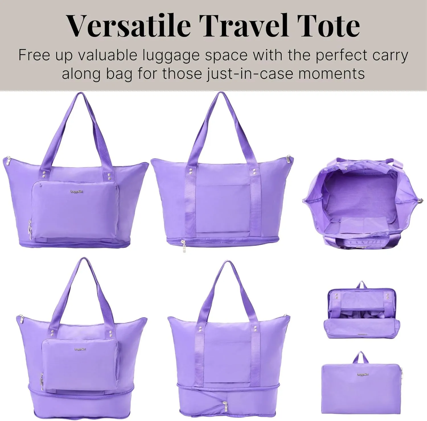 Baggallini Carryall Expandable Lightweight Travel Tote 22" Packable Folding Compact Nylon Washable Weekender w/Luggage Sleeve