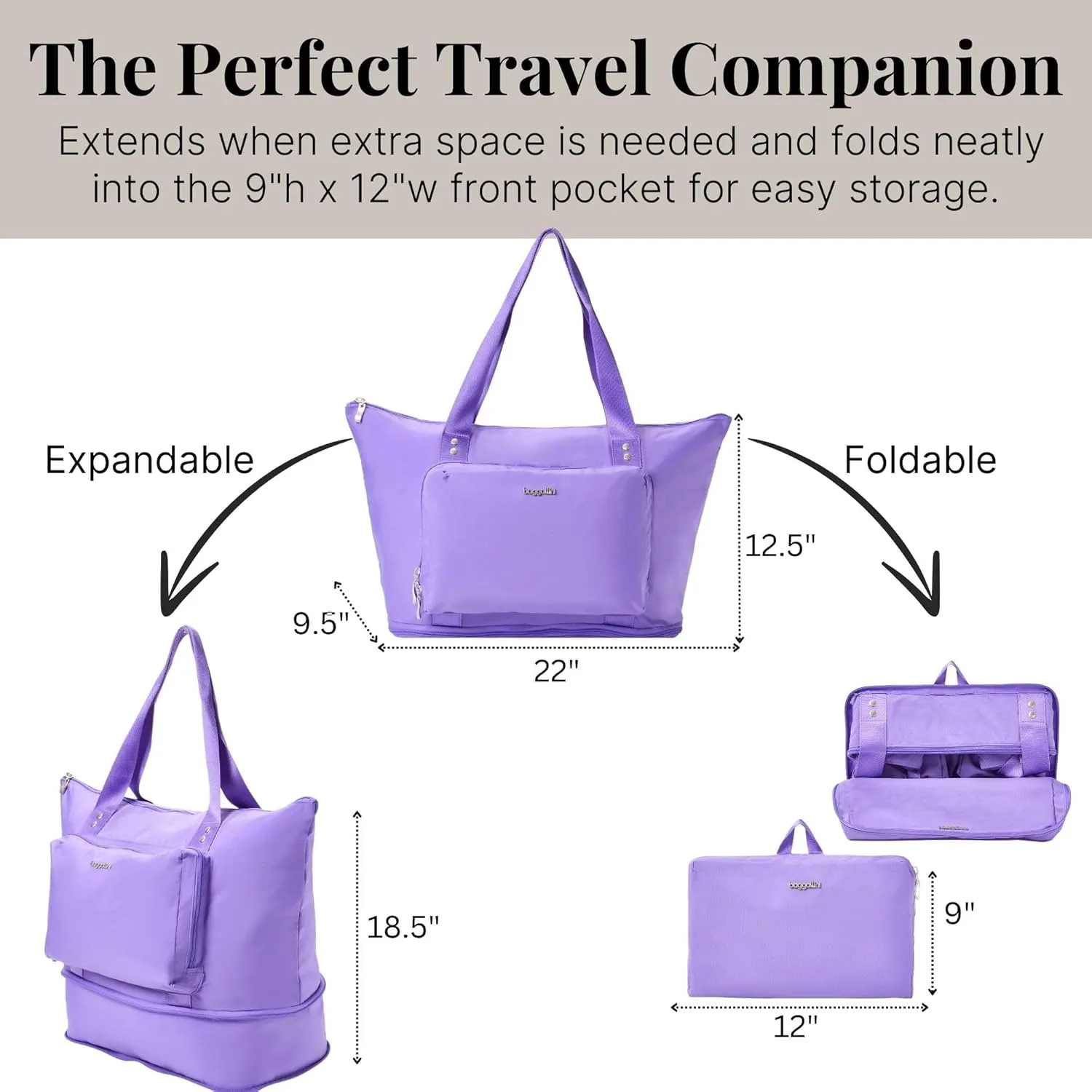 Baggallini Carryall Expandable Lightweight Travel Tote 22" Packable Folding Compact Nylon Washable Weekender w/Luggage Sleeve