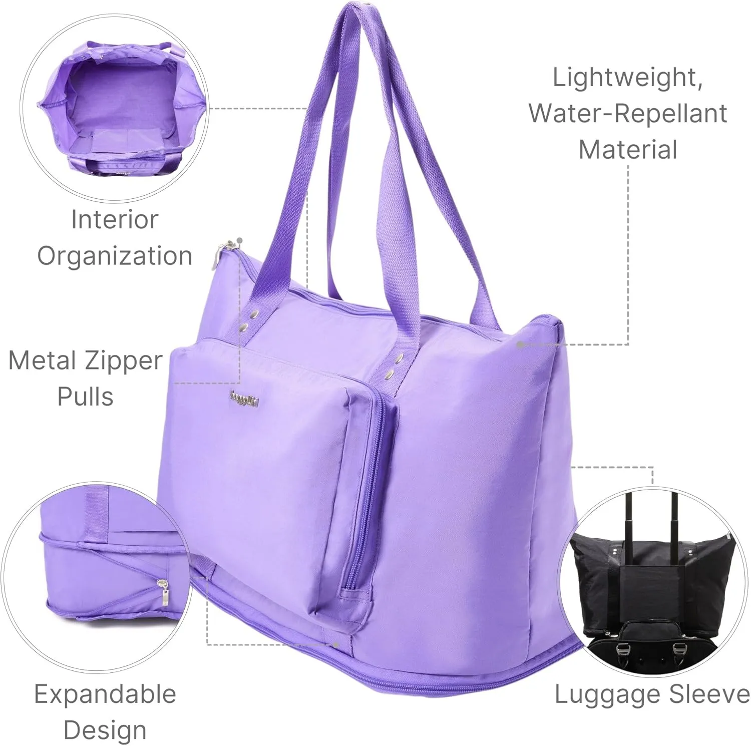 Baggallini Carryall Expandable Lightweight Travel Tote 22" Packable Folding Compact Nylon Washable Weekender w/Luggage Sleeve