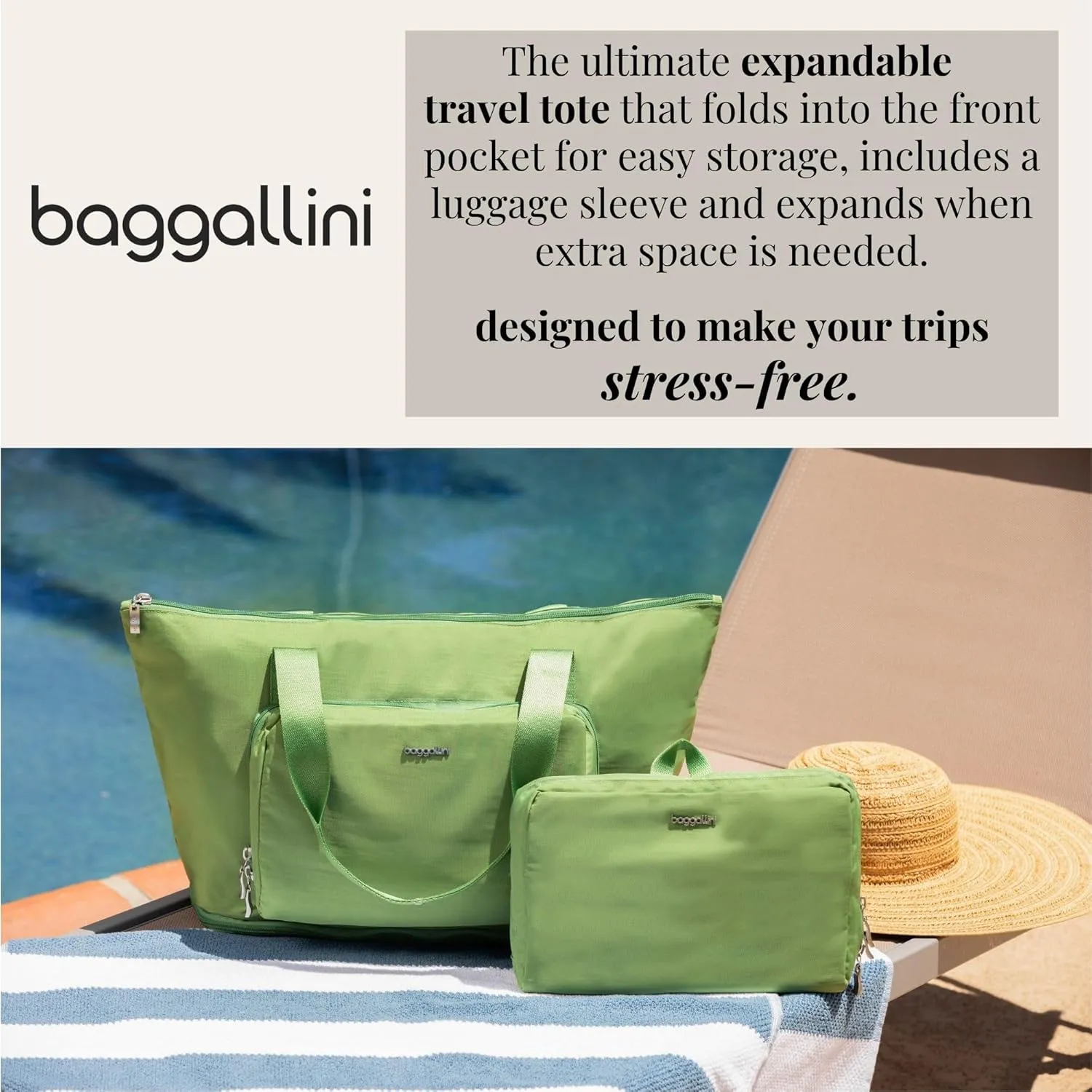 Baggallini Carryall Expandable Lightweight Travel Tote 22" Packable Folding Compact Nylon Washable Weekender w/Luggage Sleeve