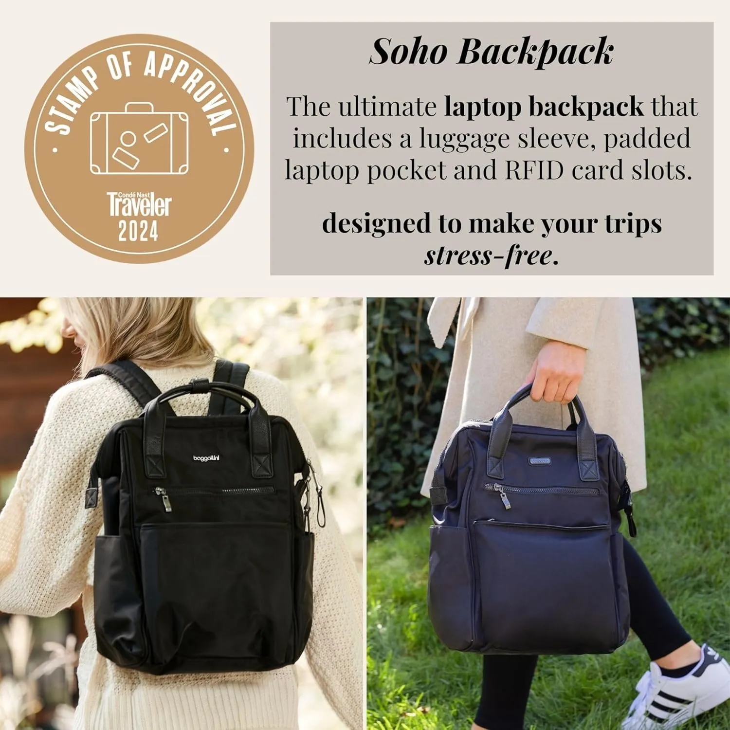 Baggallini Soho Backpack - Travel Laptop Backpack for Women - Lightweight Water-Resistant Luggage Bag, Black